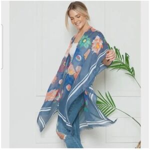 Woven Heart Floral Kimono Wrap Women OS Blue Cream‎ Boho Fringe 2 Pack Coverup